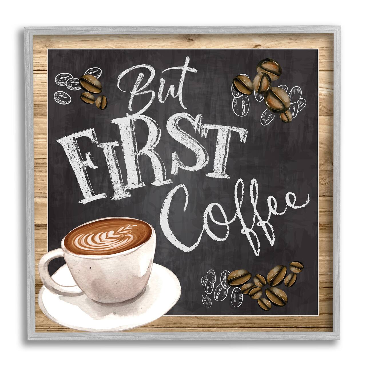 Stupell Industries But First Coffee Typography Chalkboard Latte Beans Framed Giclee Art
